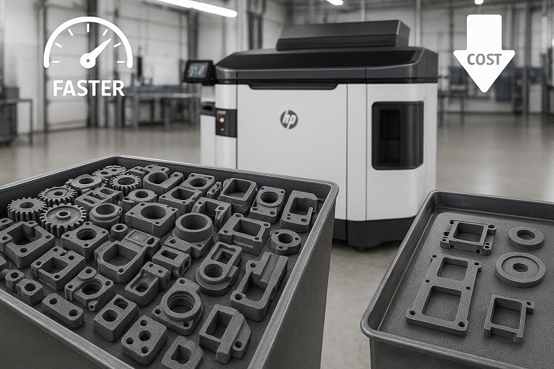 Close-up photo of an MJF part's smooth surface versus an SLS part's grainy texture