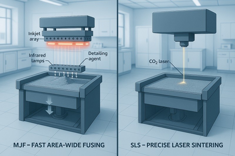 A side-by-side comparison of a grey MJF part and a white SLS part showing surface texture differences