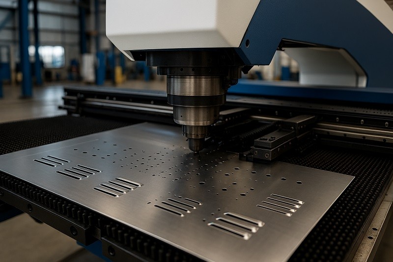 CNC milling machine adding features to a formed sheet metal part