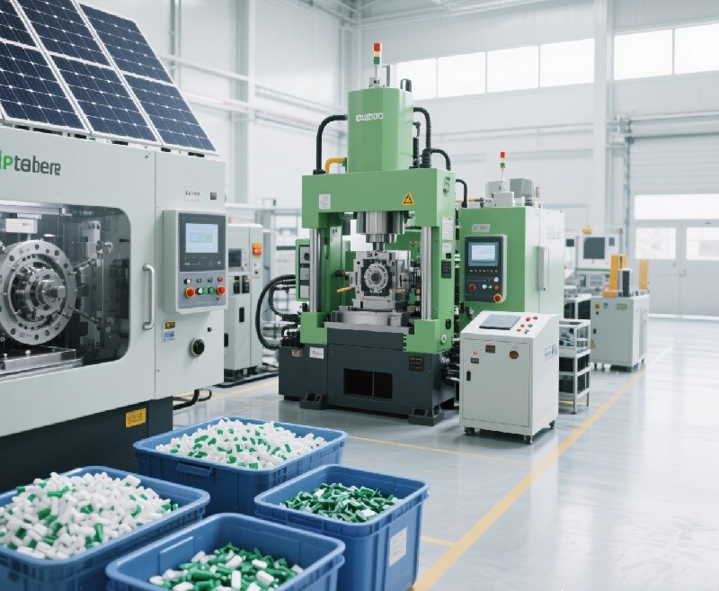 A graphic with a leaf and recycle symbol intertwined with plastic pellets