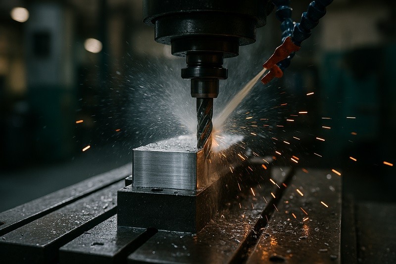 A CNC machine in operation, cutting a metal block with precision