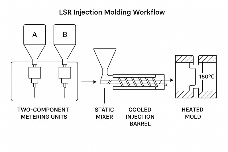 Diagram showing the liquid silicone rubber injection molding process