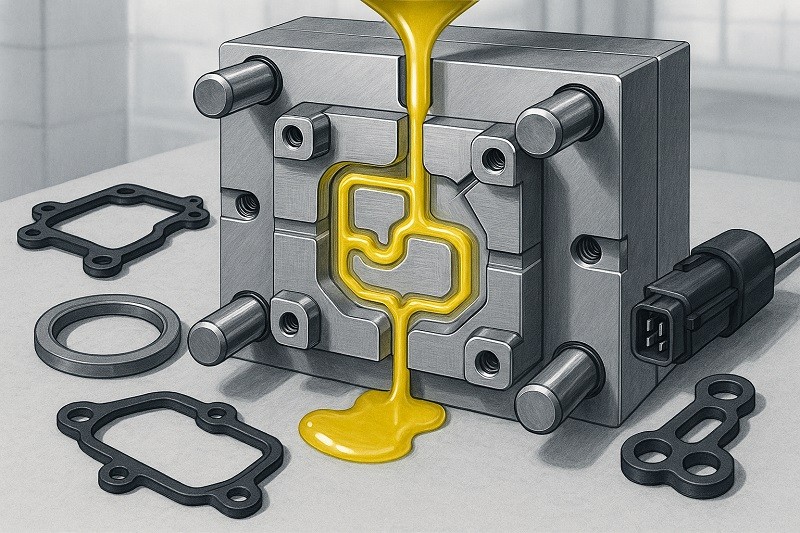 A collection of high-performance automotive LSR components like seals, gaskets, and connectors