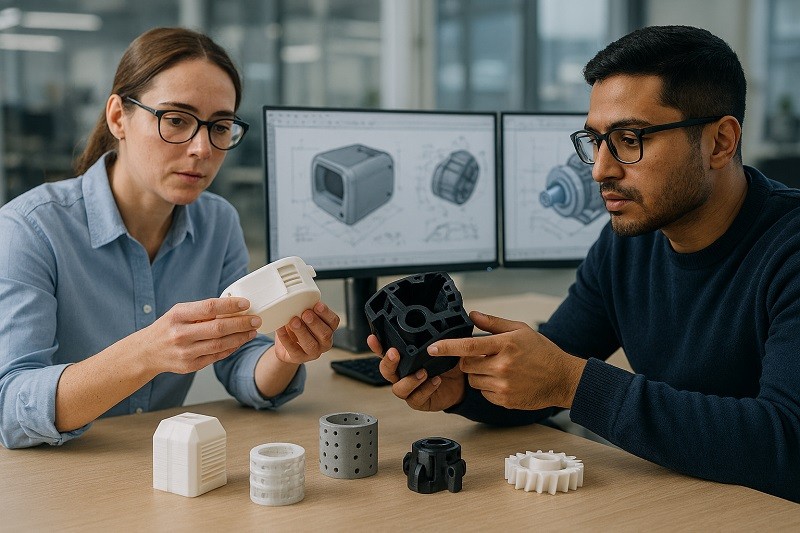 A photo collage showing the iterative process of product development, from CAD model to multiple 3D printed prototypes to a final product.