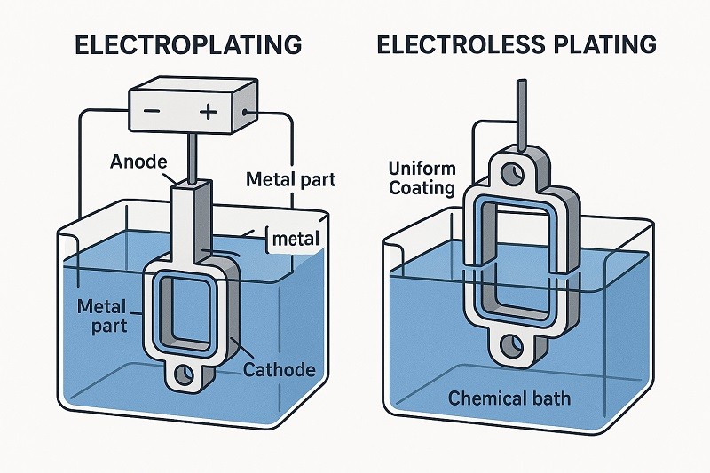 Comparison of sandblasted and bead-blasted metal surfaces, showing the rough texture of sandblasting versus the smooth, matte finish of bead blasting