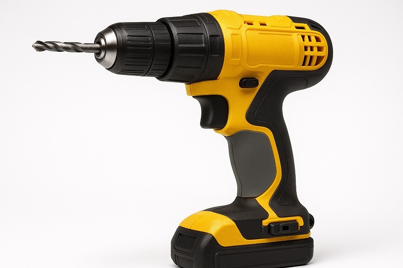 A power drill with a soft, black overmolded grip over a hard plastic housing, showcasing improved ergonomics.