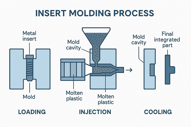 A diagram showing the insert molding process with an insert placed in the mold followed by plastic injection.