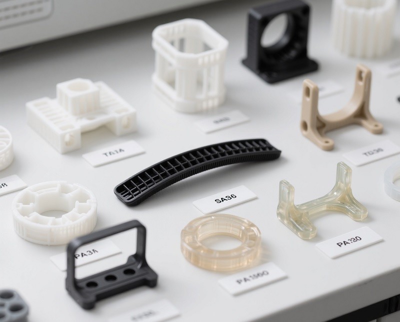 A collection of different SLS 3D printed parts showing various materials and colors