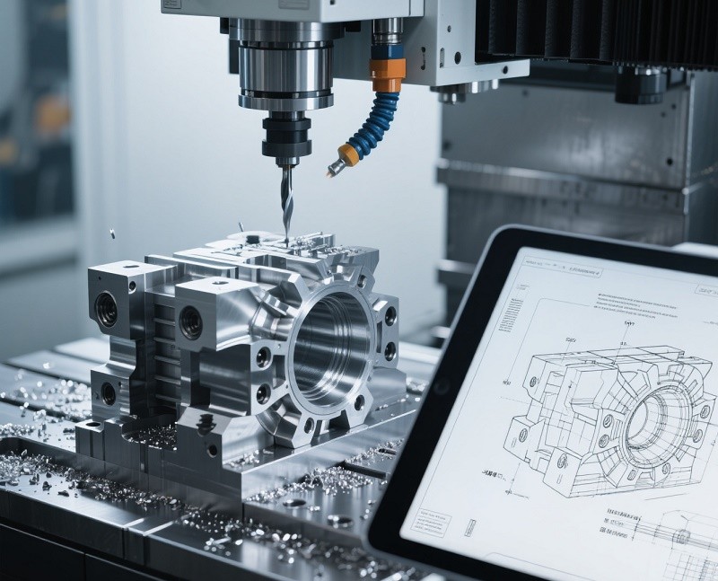 A CNC machine precisely cutting a complex metal part for industrial machinery.