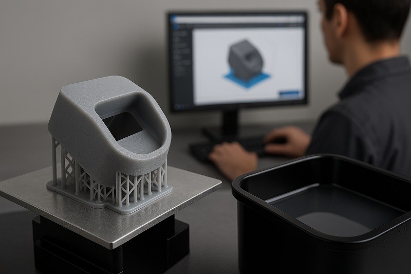 An engineer at a computer optimizing a 3D model to minimize support structures for an SLA print.