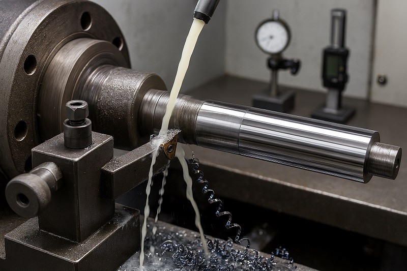 A CNC lathe machine in operation, with a stationary cutting tool shaping a rotating metal cylinder to create a precision aerospace shaft.