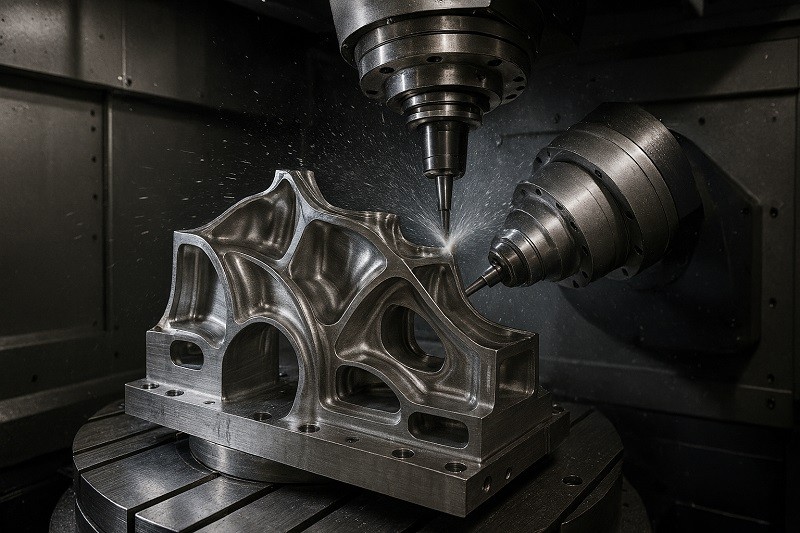 Close-up of a 5-axis CNC milling machine cutting a complex aerospace component from a block of aluminum.