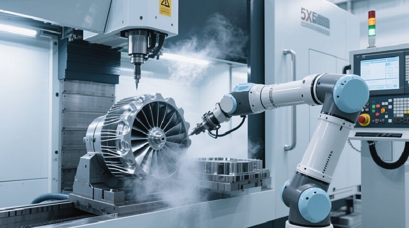 A 5-axis CNC machine in operation, carving a complex metal part