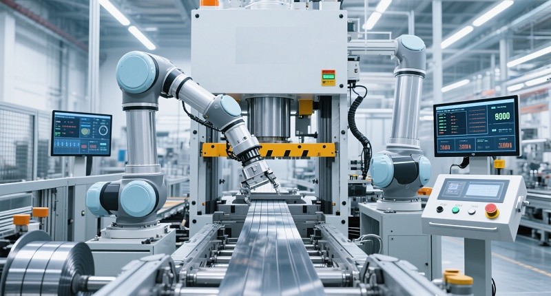 An automated precision metal stamping production line with robotic arms