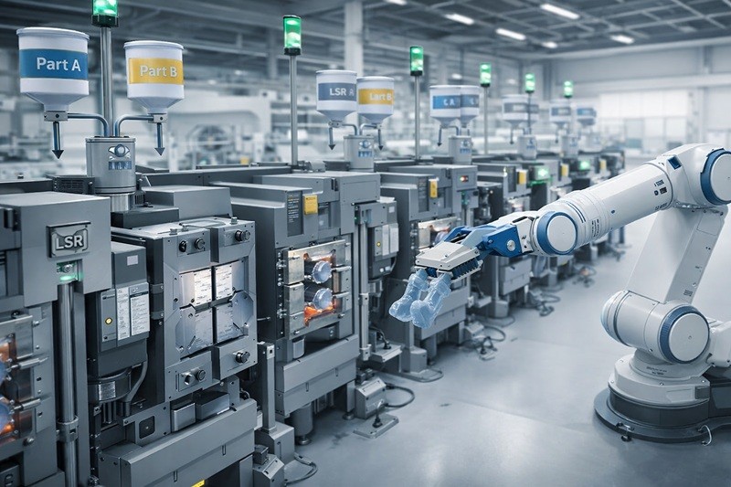 A high-speed manufacturing line of liquid silicone injection molding machines producing parts.