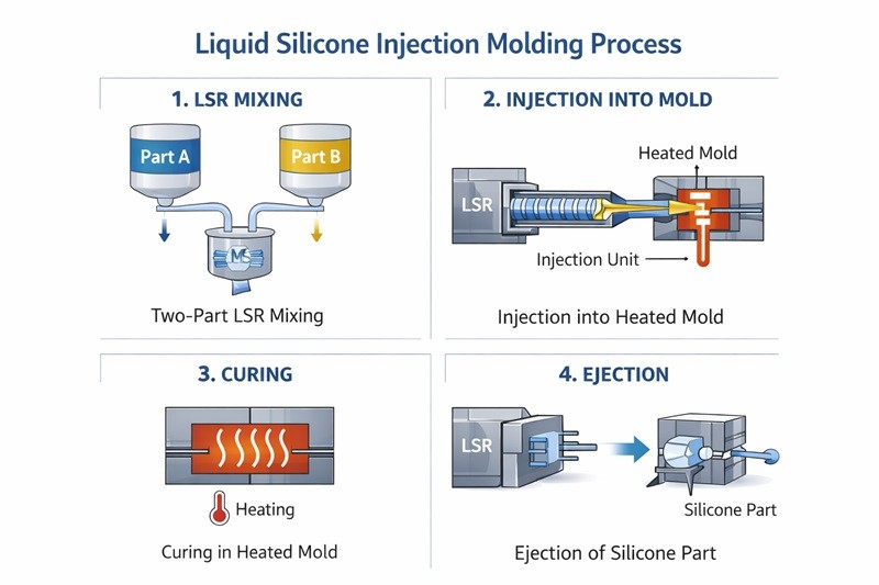 A diagram showing the step-by-step process of liquid silicone injection molding, from the two-part LSR to the final cured product.