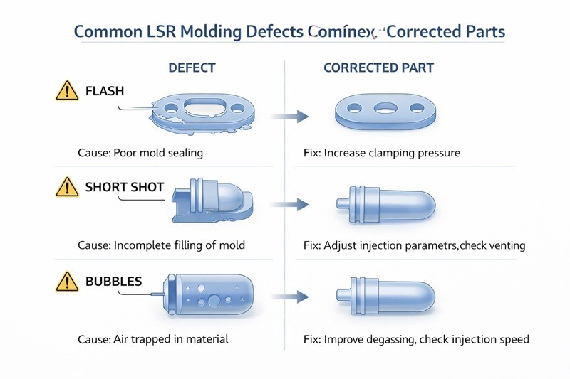 A collection of medical-grade liquid silicone rubber components like seals, tubes, and implants on a sterile blue background.