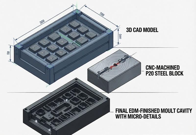 CNC machine creating a steel mold for silicone keypads