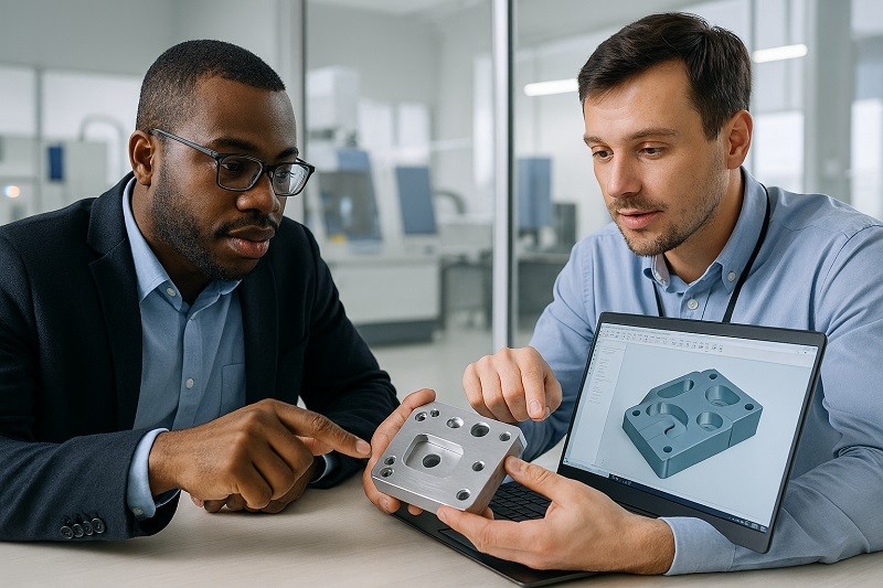 A quality control engineer inspecting a CNC part with calipers