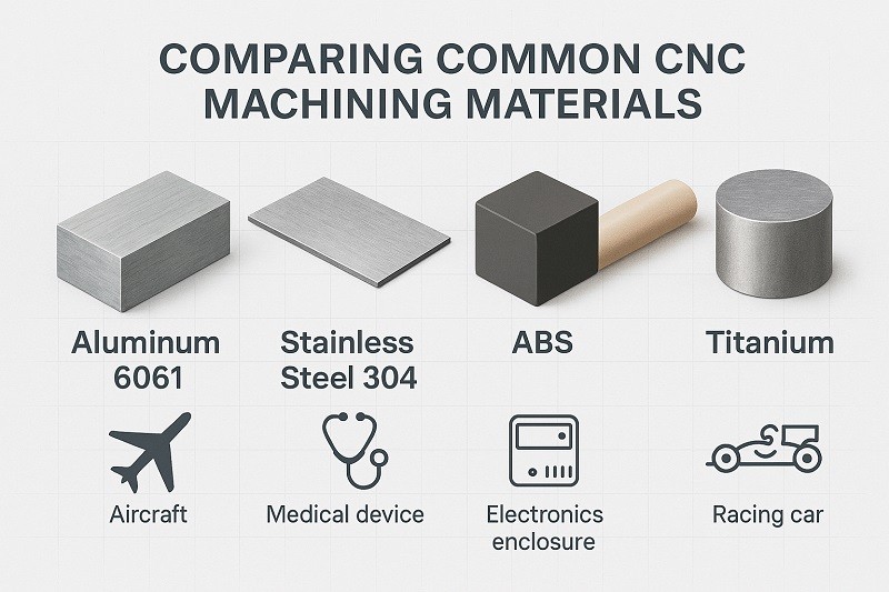 Examples of CNC machined parts in various materials like aluminum, steel, and plastic