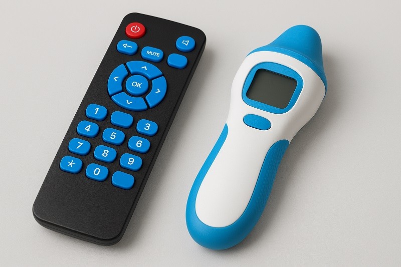 A collection of overmolded products like toothbrushes and tool handles showing different colors and textures