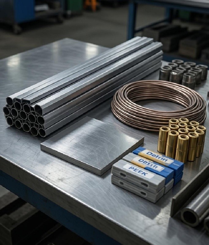 A display of various CNC machined parts made from different materials like aluminum, steel, and plastic