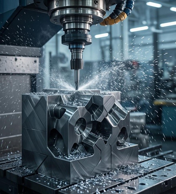 A multi-axis CNC milling machine creating a complex steel component