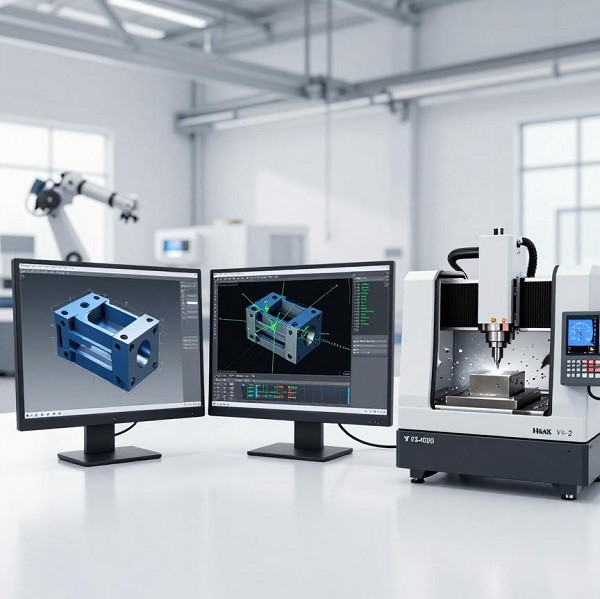 A CNC machine in operation, cutting a steel part with precision