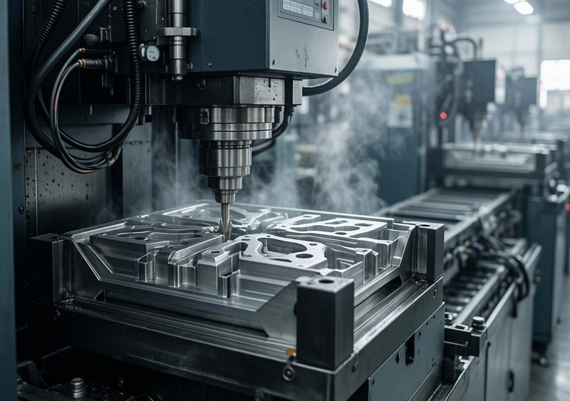 A high-tech injection molding facility with robotic arms and automated systems