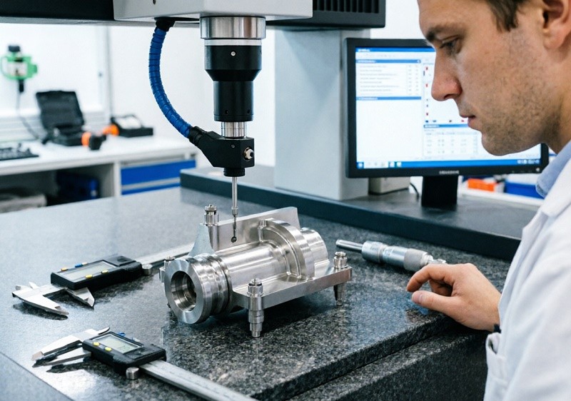 A quality control inspector using a Coordinate Measuring Machine (CMM) on a metal part