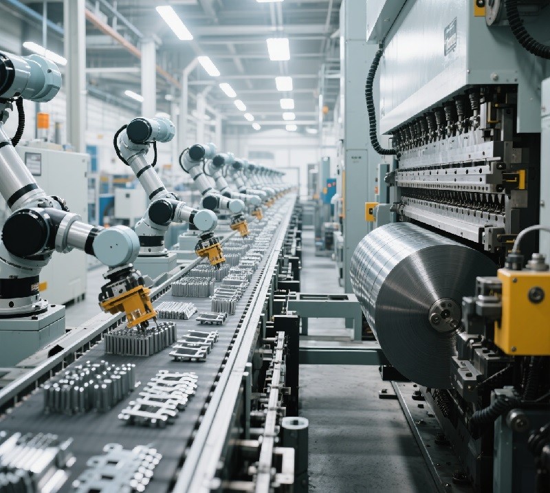 An image illustrating an extruded aluminum profile being cut into blanks and then fed into a stamping press
