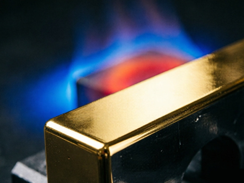 A metal stamping die component glowing during the heat treatment process