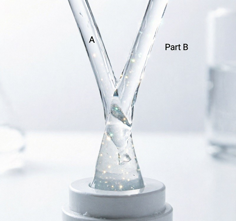 A diagram showing the two-part chemical structure of liquid silicone rubber