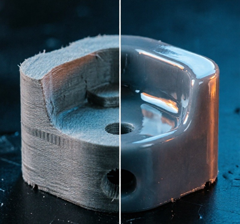 A side-by-side comparison of 3D prints made from ABS, PLA, and PETG, highlighting their different surface finishes and structural details.