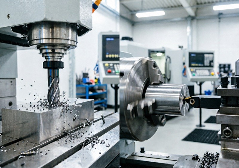 A CNC lathe shaping a cylindrical metal part