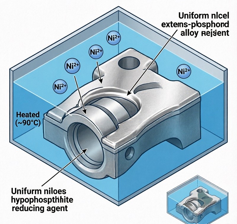 A complex mechanical component with intricate gears and channels, uniformly coated with electroless nickel