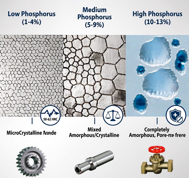 A chart comparing the properties of low, medium, and high phosphorus electroless nickel