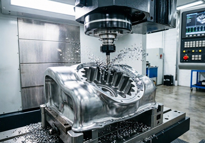 A 5-axis CNC machine carving a complex, curved steel component.