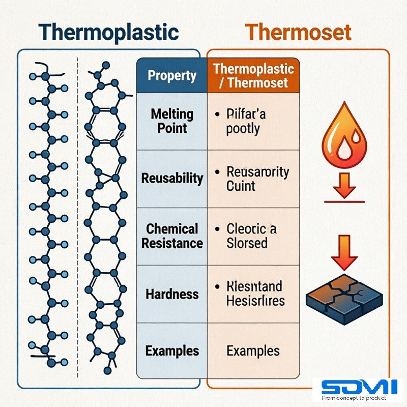 A diagram showing DFM principles like uniform wall thickness, draft angles, and ribs.