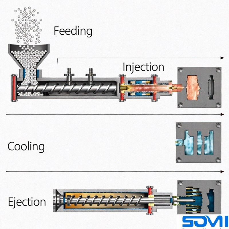 Illustration of the plastic injection molding process, from pellets to a finished part