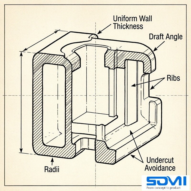 A state-of-the-art injection molding facility with clean equipment and quality control stations.
