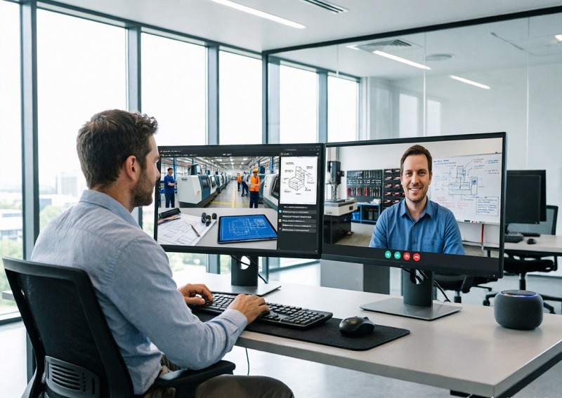 Engineers in a video conference discussing a 3D model with a manufacturing partner