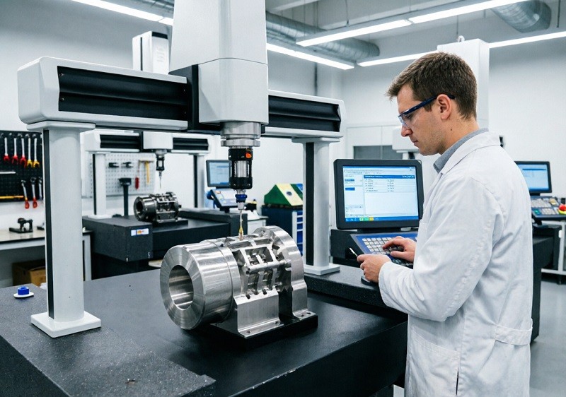 A quality inspector using a CMM to measure a CNC part
