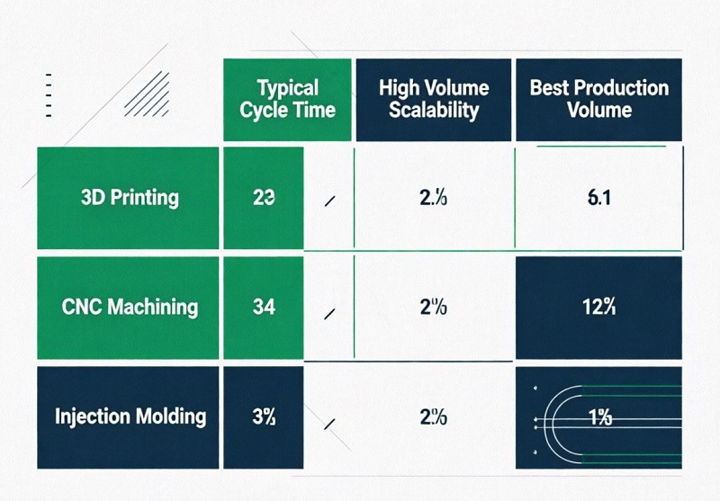 A comparative chart showing the pros and cons of 3D Printing, Injection Molding, and CNC Machining