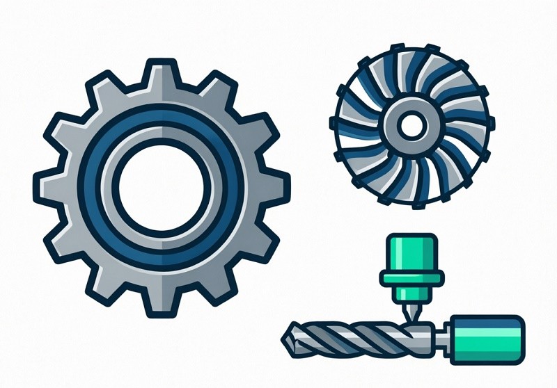 A collection of industrial parts, including a gear, a turbine blade, and a hydraulic rod, each showing signs of laser surface treatment