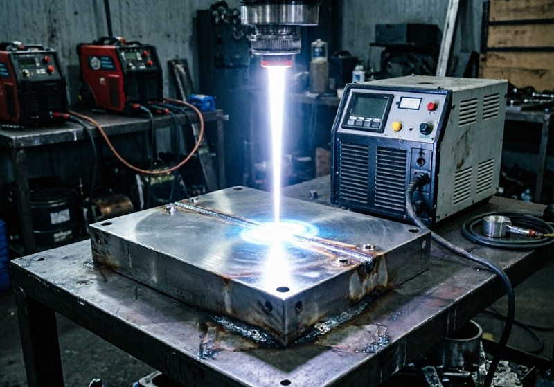 A high-power laser beam treating the surface of a metal component in a controlled industrial environment