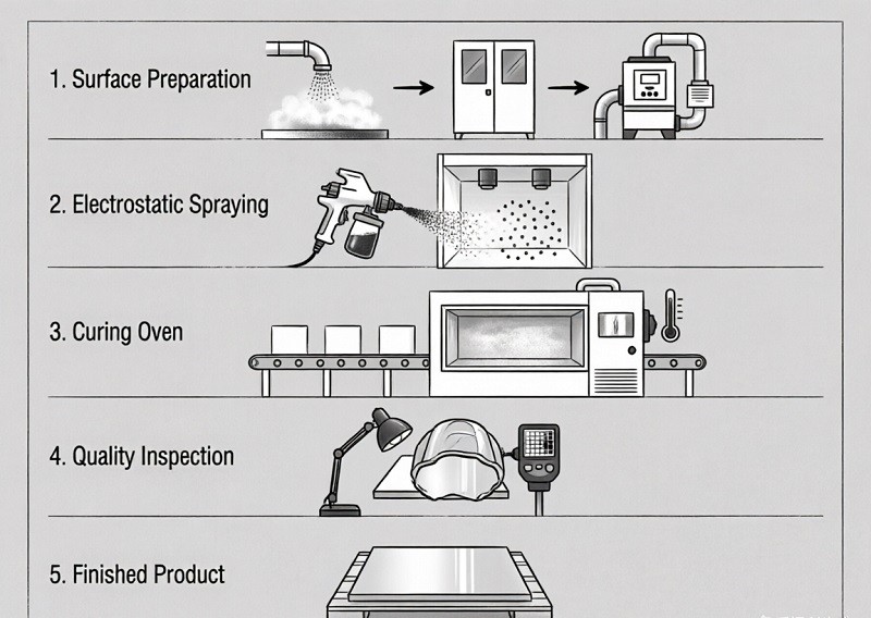 Surface preparation for powder coating A metal part undergoing sandblasting to prepare it for powder coating