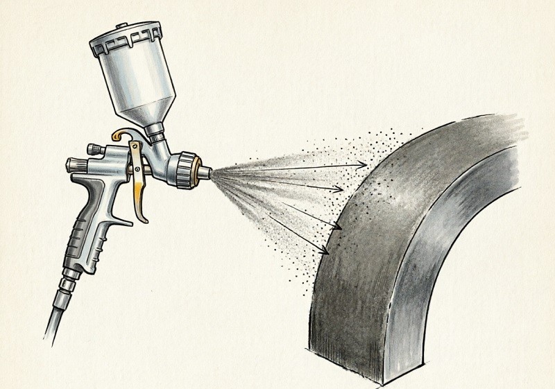 Environmental benefits of powder coating A diagram illustrating the eco-friendly aspects of powder coating, like VOC-free application and recyclable overspray