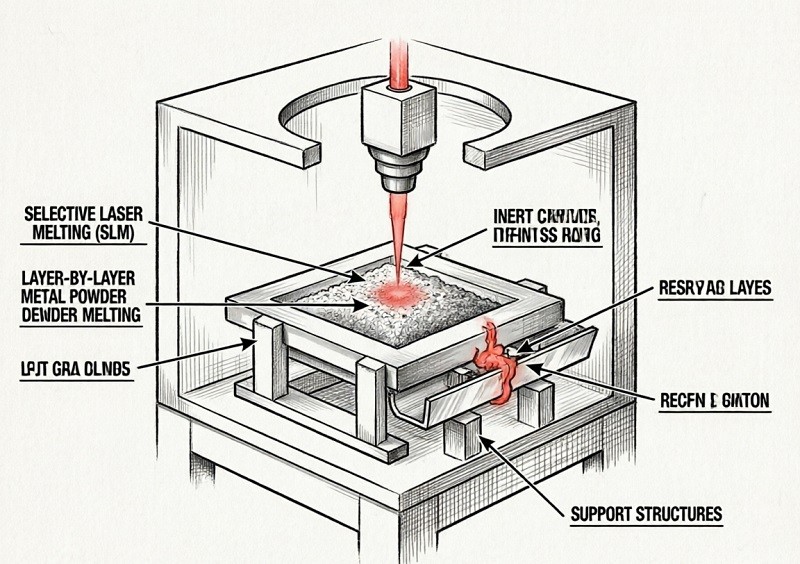 Diagram illustrating the Selective Laser Melting (SLM) process