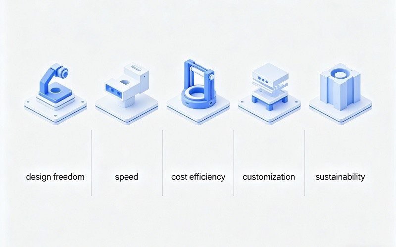 An intricate metal part being 3D printed with a laser